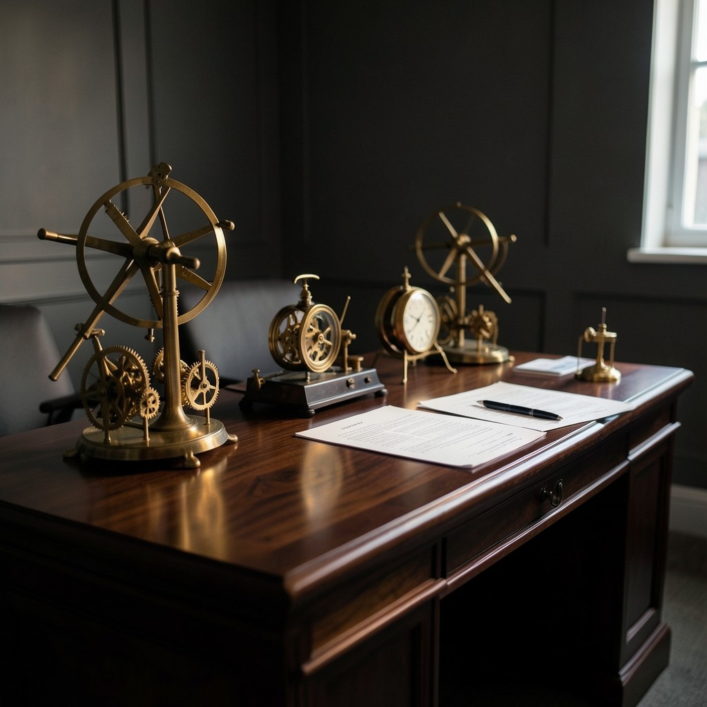 Bureau de consultation avec instruments de précision en laiton sur un bureau en noyer